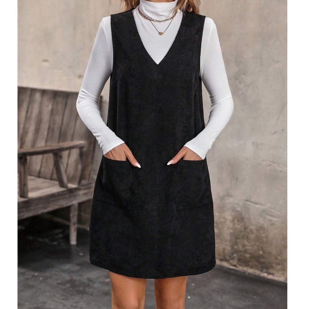 Solid Corduroy Pockets V neck Mini Dress - Picture 4 of 9